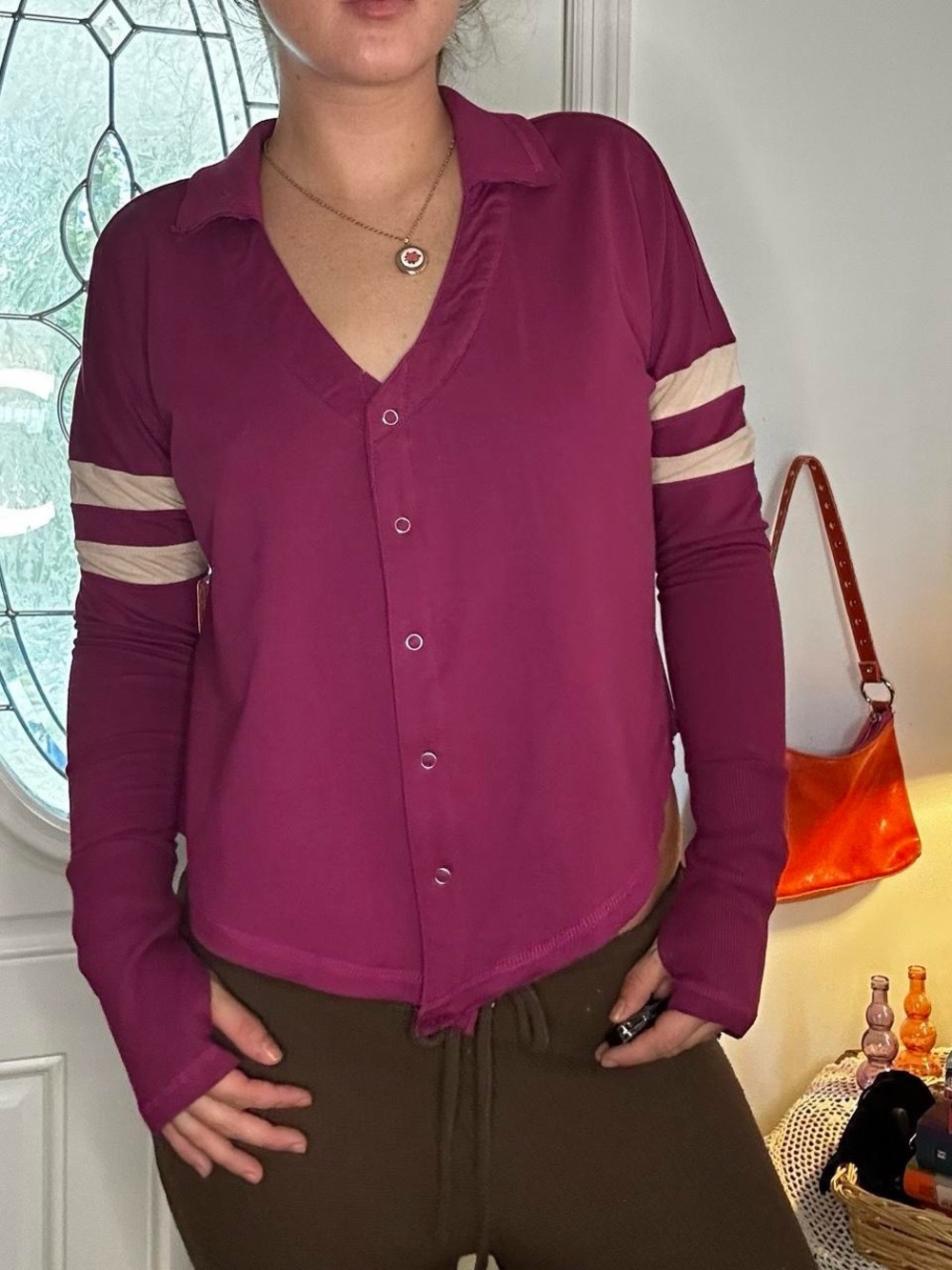 Free People Plum Snap-Front V-Neck Top with Cream Sleeve Stripes